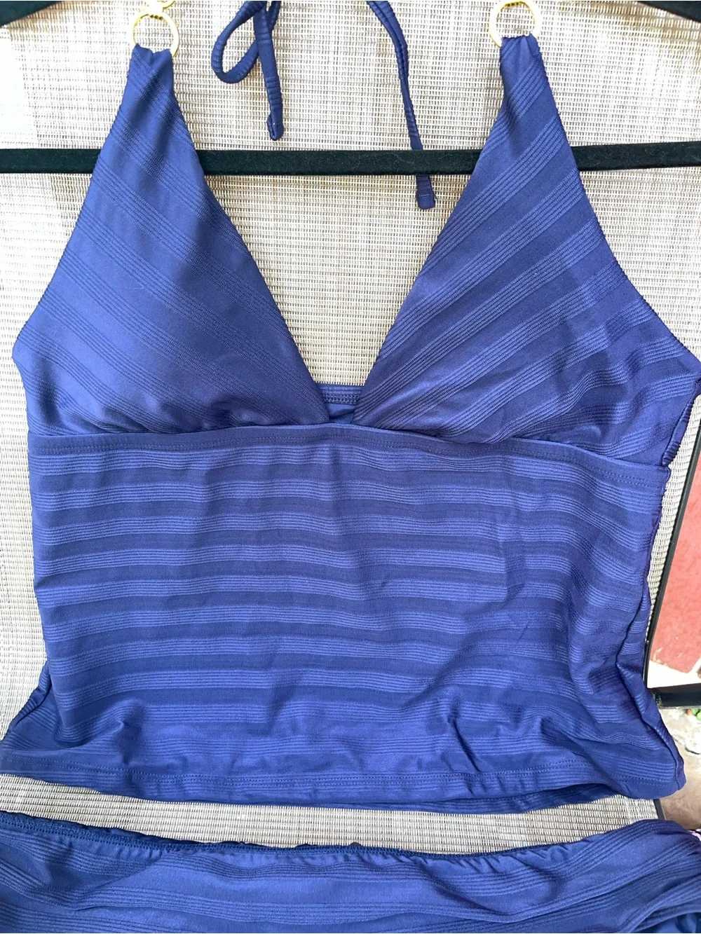 La Blanca Navy Blue Tankini Set with Gold Ring Accents. Added tummy control